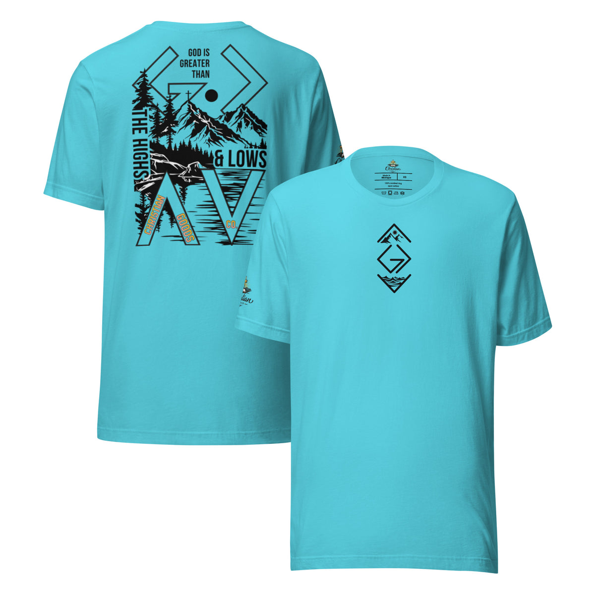 God is Greater Than T-Shirt - Turquoise - Front and Back View