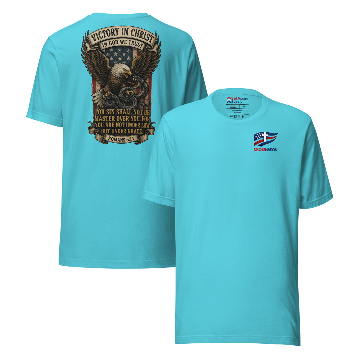 Victory in Christ T-Shirt - Turquoise - Front and Back View