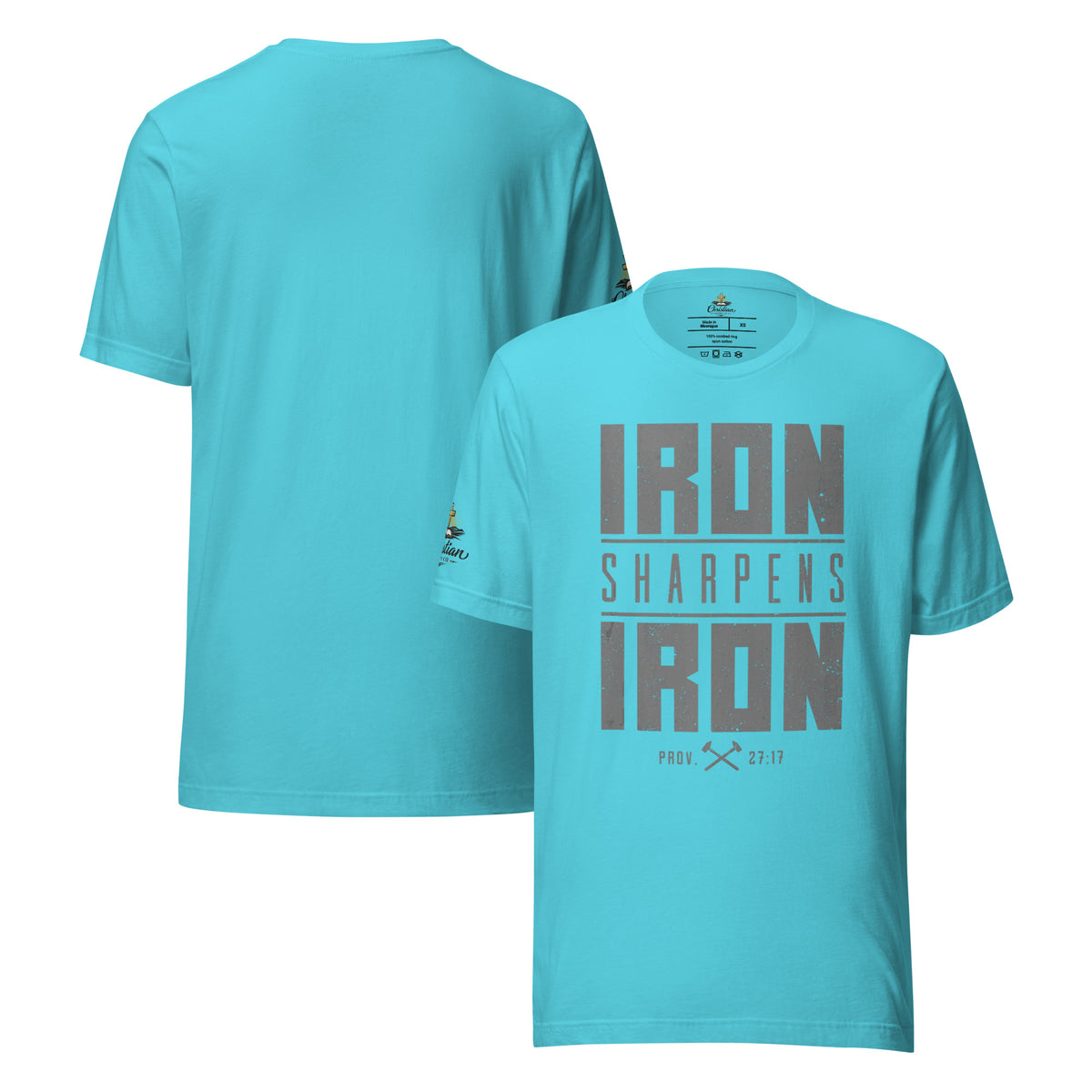 Men's Iron Sharpens Iron T-Shirt - Turquoise - Front and Back View