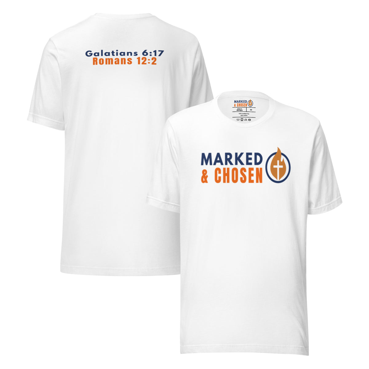 Bella + Canvas 3001 unisex crew neck t-shirt in White, made of soft Airlume combed and ring-spun cotton, Printed on the front is Marked & Chosen Logo and on the back the verses: Galatians 6:17 and Romans 12:2.