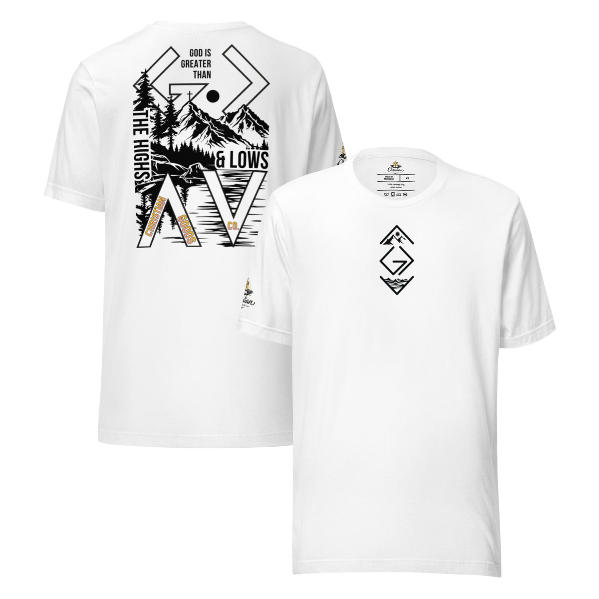 God is Greater Than T-Shirt - White - Front and Back View
