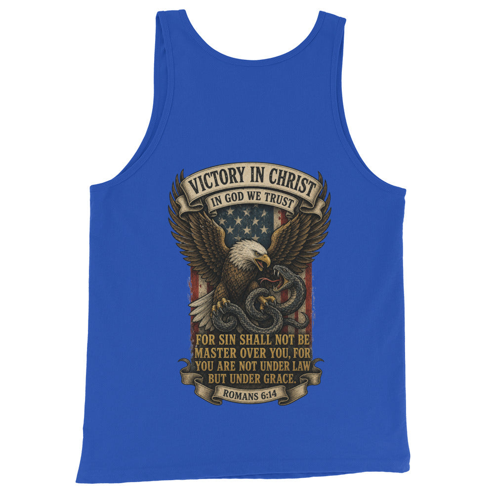 Men's Victory in Christ Tank Top - True Royal - Back View