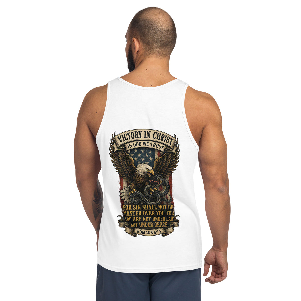 Men's Victory in Christ Tank Top - White - Back View 2