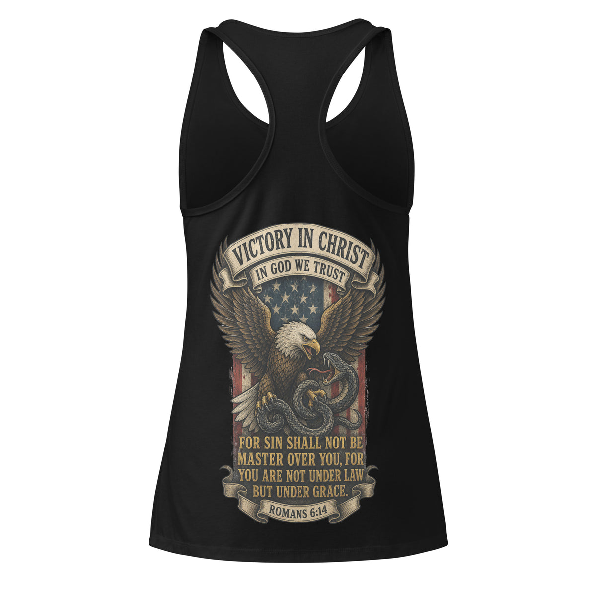 Women’s Victory in Christ Racerback Tank Top - Black - Back View