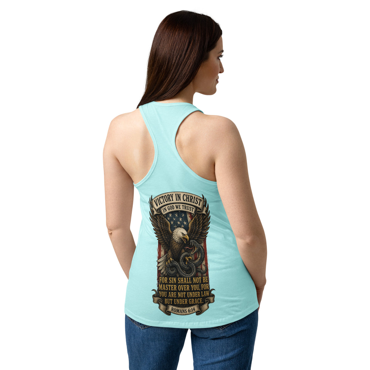 Women’s Victory in Christ Racerback Tank Top - Cancun - Back View