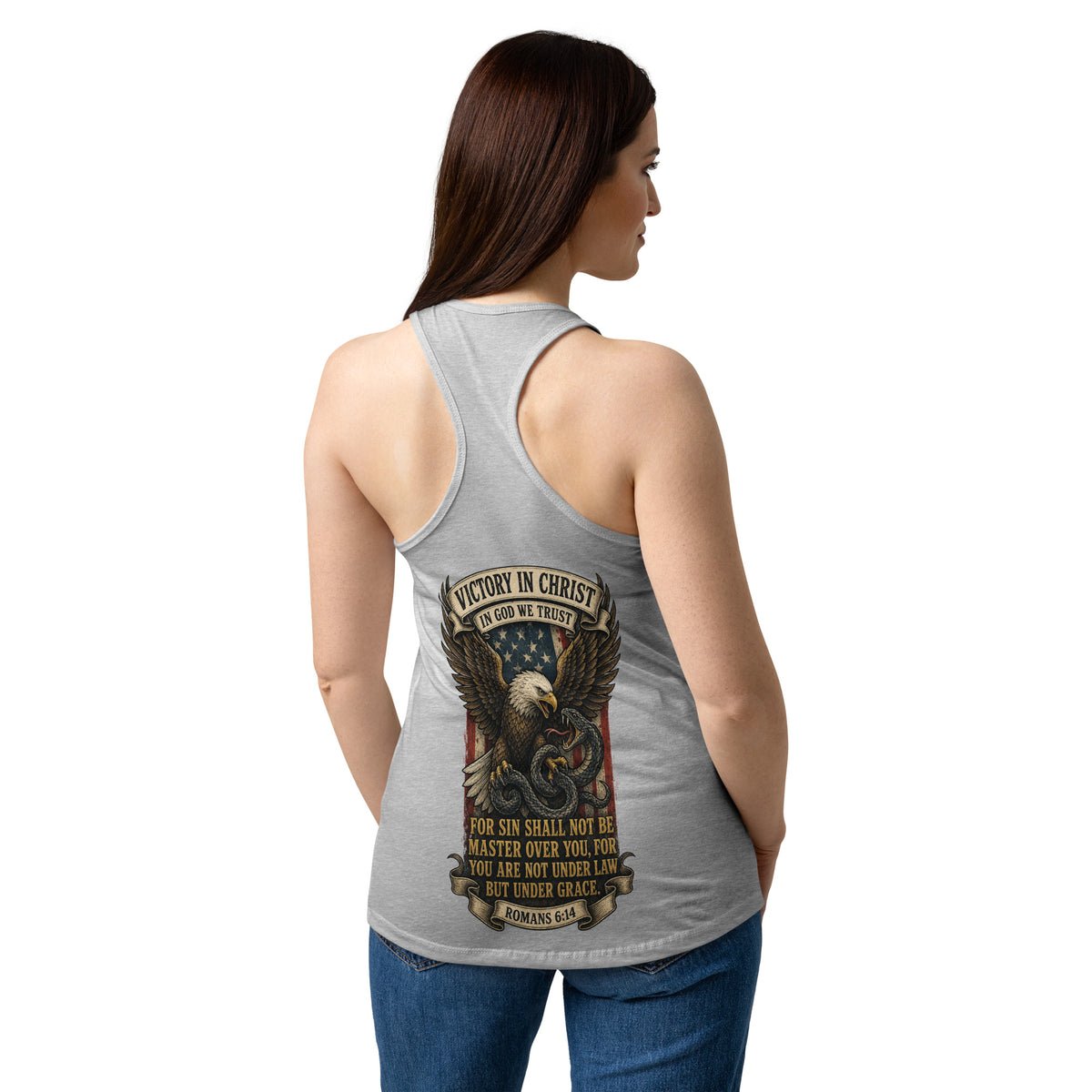 Women’s Victory in Christ Racerback Tank Top - Heather gray - Back View