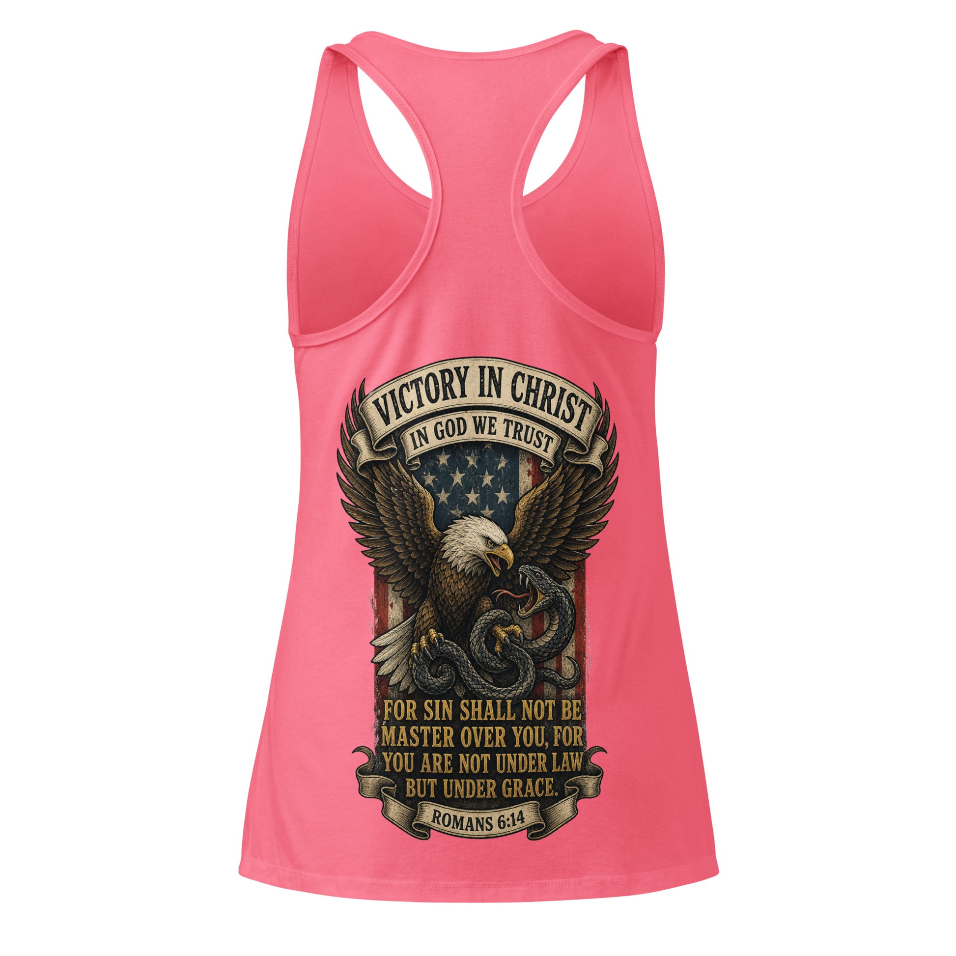 Women’s Victory in Christ Racerback Tank Top - Hot Pink - Back View