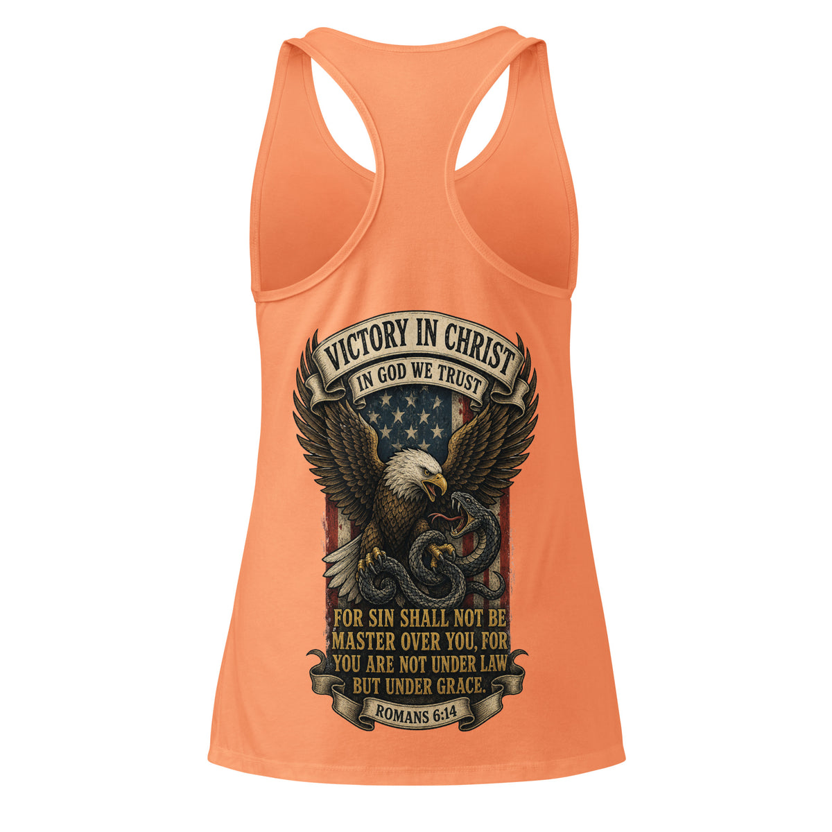 Women’s Victory in Christ Racerback Tank Top - Light Orange - Back View