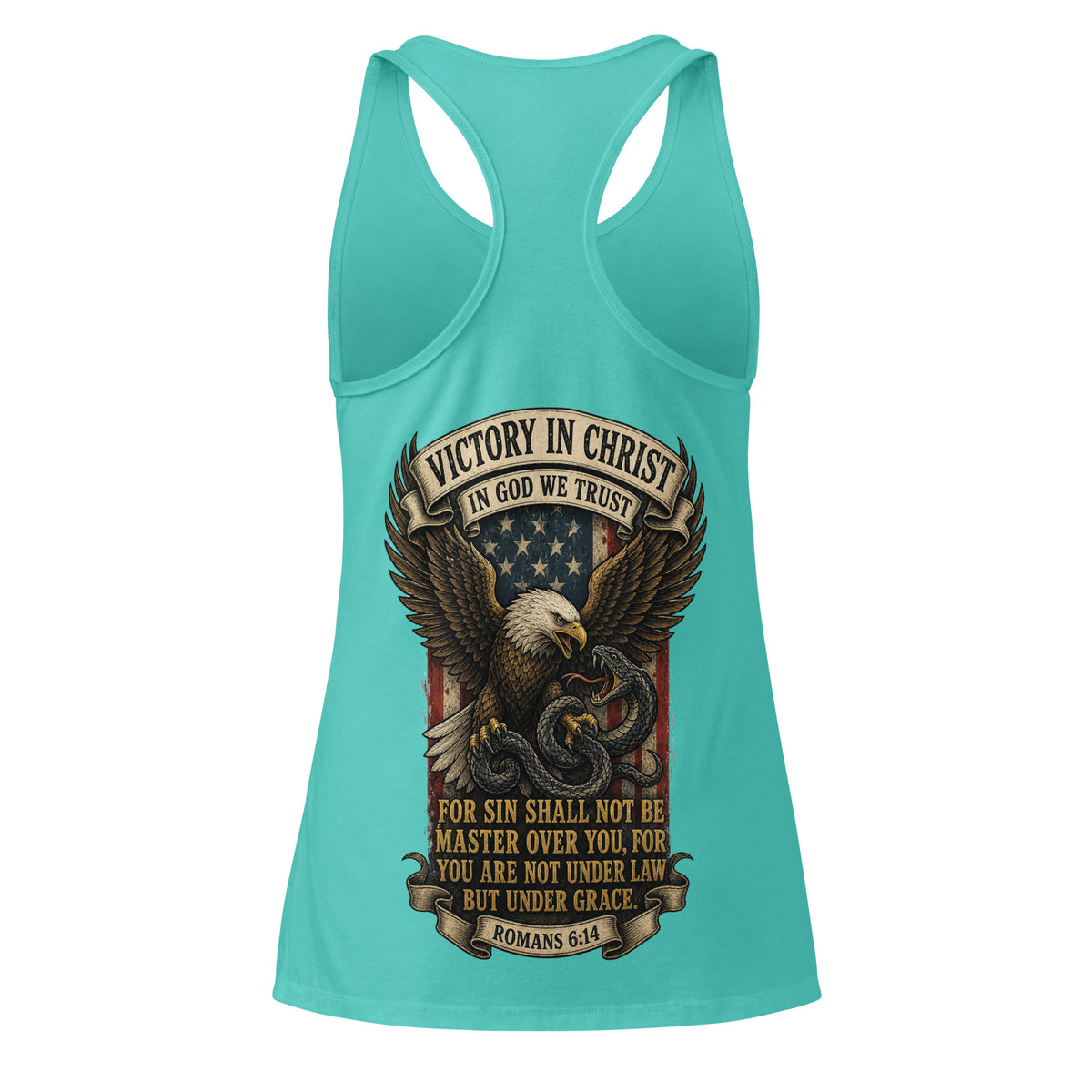 Women’s Victory in Christ Racerback Tank Top - Tahiti Blue - Back View