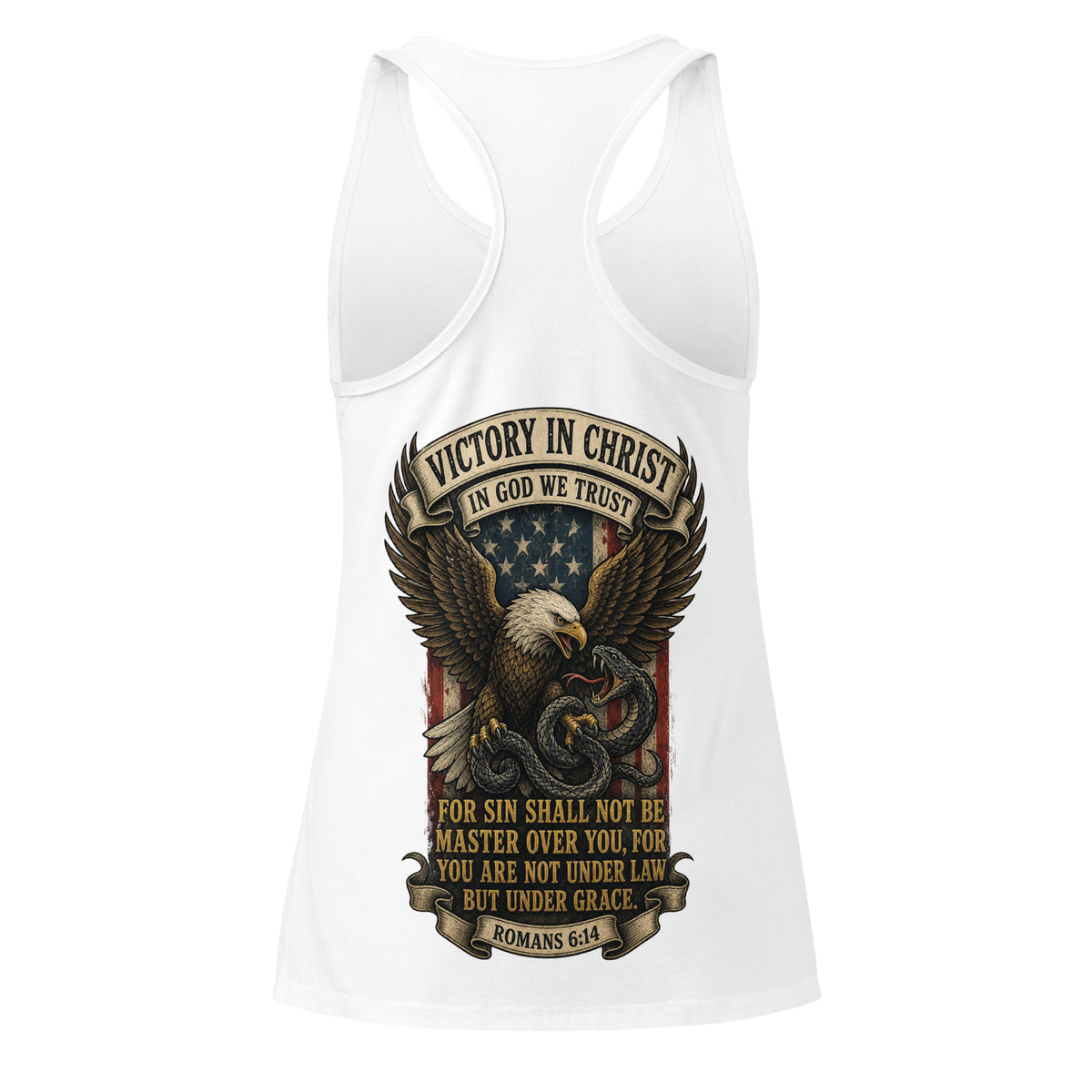 Women’s Victory in Christ Racerback Tank Top - White - Back View